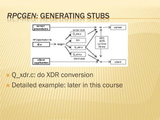 RPCGEN: GENERATING STUBS
 Q_xdr.c: do XDR conversion
 Detailed example: later in this course
 