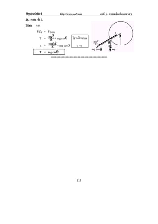 Physics Online I http://www.pec9.com บทที่ 4 การเคลื่อนที่แบบตางๆ
125
25. ตอบ ขอ 3.
วิธีทํา จาก
Fเขา = Fออก
T = R
2mv + mg cos″ โจทยกําหนด
T = R
2(0)m + mg cos″ v = 0
T = mg cos±±±±
⌫⌫⌦⌫⌦⌫⌦⌫⌦⌫⌦⌫⌦⌫⌦⌫⌦⌫⌦⌫⌦⌫⌦⌫⌦⌫⌦⌦
 