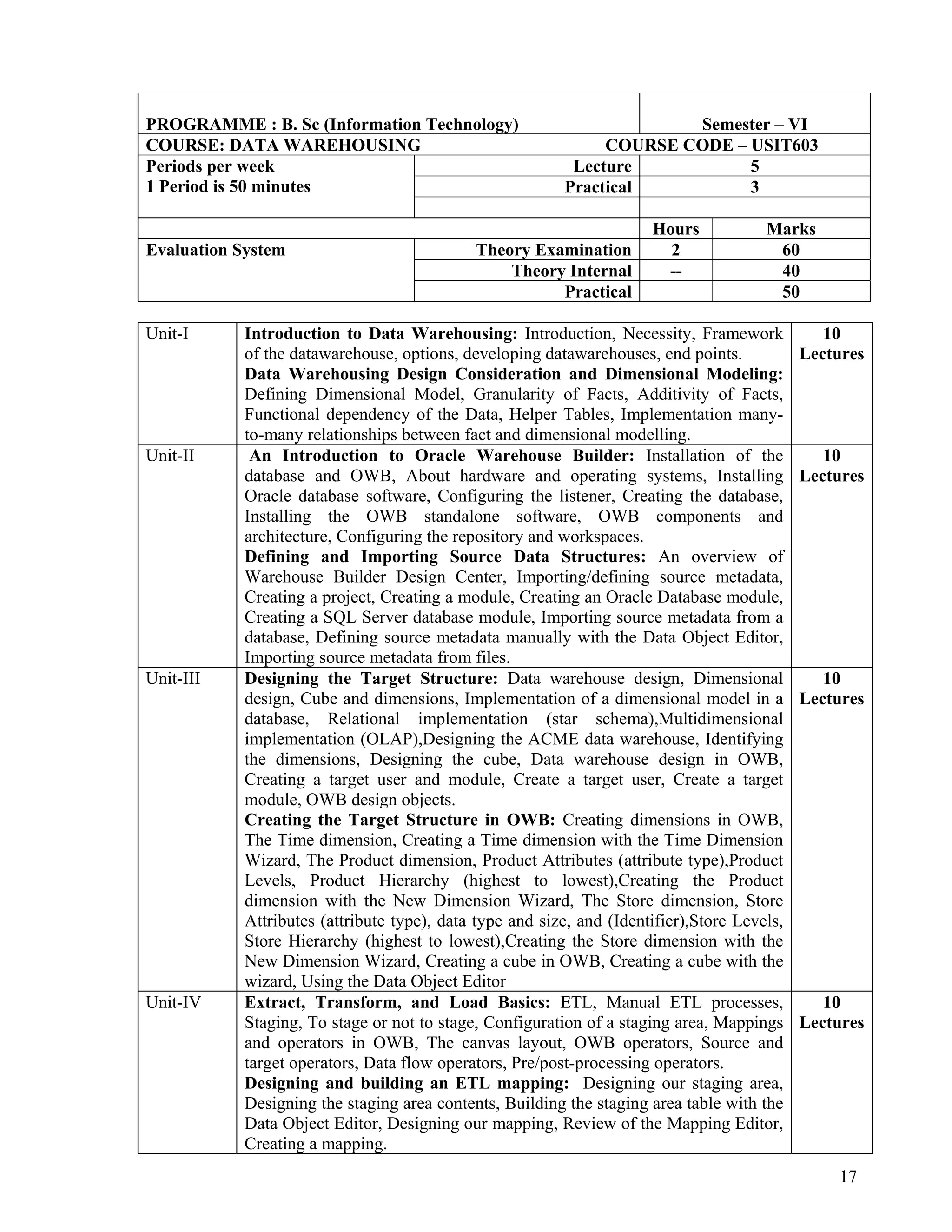 17
 
PROGRAMME : B. Sc (Information Technology) Semester – VI
COURSE: DATA WAREHOUSING COURSE CODE – USIT603
Periods per week
1 Period is 50 minutes
Lecture 5
Practical 3
Hours Marks
Evaluation System Theory Examination 2 60
Theory Internal -- 40
Practical 50
Unit-I Introduction to Data Warehousing: Introduction, Necessity, Framework
of the datawarehouse, options, developing datawarehouses, end points.
Data Warehousing Design Consideration and Dimensional Modeling:
Defining Dimensional Model, Granularity of Facts, Additivity of Facts,
Functional dependency of the Data, Helper Tables, Implementation many-
to-many relationships between fact and dimensional modelling.
10
Lectures
Unit-II An Introduction to Oracle Warehouse Builder: Installation of the
database and OWB, About hardware and operating systems, Installing
Oracle database software, Configuring the listener, Creating the database,
Installing the OWB standalone software, OWB components and
architecture, Configuring the repository and workspaces.
Defining and Importing Source Data Structures: An overview of
Warehouse Builder Design Center, Importing/defining source metadata,
Creating a project, Creating a module, Creating an Oracle Database module,
Creating a SQL Server database module, Importing source metadata from a
database, Defining source metadata manually with the Data Object Editor,
Importing source metadata from files.
10
Lectures
Unit-III Designing the Target Structure: Data warehouse design, Dimensional
design, Cube and dimensions, Implementation of a dimensional model in a
database, Relational implementation (star schema),Multidimensional
implementation (OLAP),Designing the ACME data warehouse, Identifying
the dimensions, Designing the cube, Data warehouse design in OWB,
Creating a target user and module, Create a target user, Create a target
module, OWB design objects.
Creating the Target Structure in OWB: Creating dimensions in OWB,
The Time dimension, Creating a Time dimension with the Time Dimension
Wizard, The Product dimension, Product Attributes (attribute type),Product
Levels, Product Hierarchy (highest to lowest),Creating the Product
dimension with the New Dimension Wizard, The Store dimension, Store
Attributes (attribute type), data type and size, and (Identifier),Store Levels,
Store Hierarchy (highest to lowest),Creating the Store dimension with the
New Dimension Wizard, Creating a cube in OWB, Creating a cube with the
wizard, Using the Data Object Editor
10
Lectures
Unit-IV Extract, Transform, and Load Basics: ETL, Manual ETL processes,
Staging, To stage or not to stage, Configuration of a staging area, Mappings
and operators in OWB, The canvas layout, OWB operators, Source and
target operators, Data flow operators, Pre/post-processing operators.
Designing and building an ETL mapping: Designing our staging area,
Designing the staging area contents, Building the staging area table with the
Data Object Editor, Designing our mapping, Review of the Mapping Editor,
Creating a mapping.
10
Lectures
 