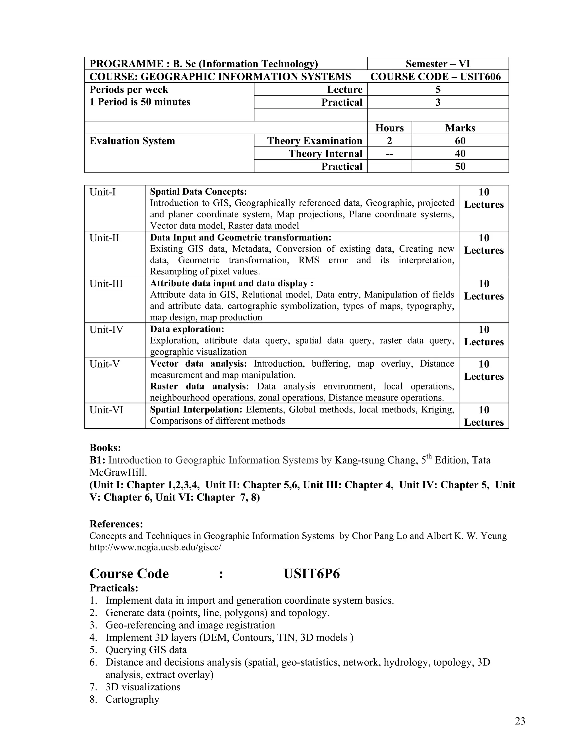 23
 
PROGRAMME : B. Sc (Information Technology) Semester – VI
COURSE: GEOGRAPHIC INFORMATION SYSTEMS COURSE CODE – USIT606
Periods per week
1 Period is 50 minutes
Lecture 5
Practical 3
Hours Marks
Evaluation System Theory Examination 2 60
Theory Internal -- 40
Practical 50
Unit-I Spatial Data Concepts:
Introduction to GIS, Geographically referenced data, Geographic, projected
and planer coordinate system, Map projections, Plane coordinate systems,
Vector data model, Raster data model
10
Lectures
Unit-II Data Input and Geometric transformation:
Existing GIS data, Metadata, Conversion of existing data, Creating new
data, Geometric transformation, RMS error and its interpretation,
Resampling of pixel values.
10
Lectures
Unit-III Attribute data input and data display :
Attribute data in GIS, Relational model, Data entry, Manipulation of fields
and attribute data, cartographic symbolization, types of maps, typography,
map design, map production
10
Lectures
Unit-IV Data exploration:
Exploration, attribute data query, spatial data query, raster data query,
geographic visualization
10
Lectures
Unit-V Vector data analysis: Introduction, buffering, map overlay, Distance
measurement and map manipulation.
Raster data analysis: Data analysis environment, local operations,
neighbourhood operations, zonal operations, Distance measure operations.
10
Lectures
Unit-VI Spatial Interpolation: Elements, Global methods, local methods, Kriging,
Comparisons of different methods
10
Lectures
Books:
B1: Introduction to Geographic Information Systems by Kang-tsung Chang, 5th
Edition, Tata
McGrawHill.
(Unit I: Chapter 1,2,3,4, Unit II: Chapter 5,6, Unit III: Chapter 4, Unit IV: Chapter 5, Unit
V: Chapter 6, Unit VI: Chapter 7, 8)
References:
Concepts and Techniques in Geographic Information Systems by Chor Pang Lo and Albert K. W. Yeung
http://www.ncgia.ucsb.edu/giscc/
Course Code : USIT6P6
Practicals:
1. Implement data in import and generation coordinate system basics.
2. Generate data (points, line, polygons) and topology.
3. Geo-referencing and image registration
4. Implement 3D layers (DEM, Contours, TIN, 3D models )
5. Querying GIS data
6. Distance and decisions analysis (spatial, geo-statistics, network, hydrology, topology, 3D
analysis, extract overlay)
7. 3D visualizations
8. Cartography
 