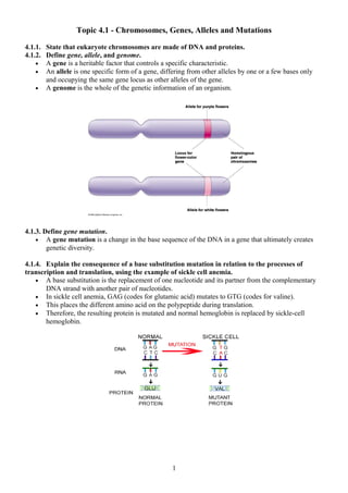 Topic 4.1 - Chromosomes, Genes, Alleles and Mutations
4.1.1. State that eukaryote chromosomes are made of DNA and proteins.
4.1.2. Define gene, allele, and genome.
• A gene is a heritable factor that controls a specific characteristic.
• An allele is one specific form of a gene, differing from other alleles by one or a few bases only
and occupying the same gene locus as other alleles of the gene.
• A genome is the whole of the genetic information of an organism.
4.1.3. Define gene mutation.
• A gene mutation is a change in the base sequence of the DNA in a gene that ultimately creates
genetic diversity.
4.1.4. Explain the consequence of a base substitution mutation in relation to the processes of
transcription and translation, using the example of sickle cell anemia.
• A base substitution is the replacement of one nucleotide and its partner from the complementary
DNA strand with another pair of nucleotides.
• In sickle cell anemia, GAG (codes for glutamic acid) mutates to GTG (codes for valine).
• This places the different amino acid on the polypeptide during translation.
• Therefore, the resulting protein is mutated and normal hemoglobin is replaced by sickle-cell
hemoglobin.
1
 