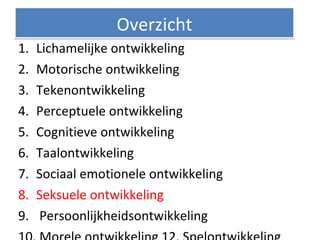 1. Lichamelijke ontwikkeling
2. Motorische ontwikkeling
3. Tekenontwikkeling
4. Perceptuele ontwikkeling
5. Cognitieve ontwikkeling
6. Taalontwikkeling
7. Sociaal emotionele ontwikkeling
8. Seksuele ontwikkeling
9. Persoonlijkheidsontwikkeling
OverzichtOverzicht
 