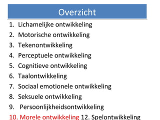 1. Lichamelijke ontwikkeling
2. Motorische ontwikkeling
3. Tekenontwikkeling
4. Perceptuele ontwikkeling
5. Cognitieve ontwikkeling
6. Taalontwikkeling
7. Sociaal emotionele ontwikkeling
8. Seksuele ontwikkeling
9. Persoonlijkheidsontwikkeling
10. Morele ontwikkeling 12. Spelontwikkeling
OverzichtOverzicht
 
