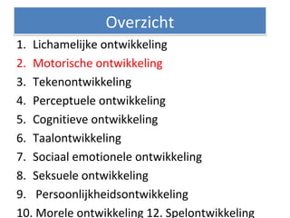 1. Lichamelijke ontwikkeling
2. Motorische ontwikkeling
3. Tekenontwikkeling
4. Perceptuele ontwikkeling
5. Cognitieve ontwikkeling
6. Taalontwikkeling
7. Sociaal emotionele ontwikkeling
8. Seksuele ontwikkeling
9. Persoonlijkheidsontwikkeling
10. Morele ontwikkeling 12. Spelontwikkeling
OverzichtOverzicht
 