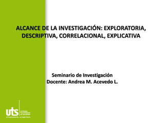 ALCANCE DE LA INVESTIGACIÓN: EXPLORATORIA,
DESCRIPTIVA, CORRELACIONAL, EXPLICATIVA
Seminario de Investigación
Docente: Andrea M. Acevedo L.
 