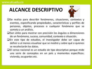 ALCANCE DESCRIPTIVO
Se realiza para describir fenómenos, situaciones, contextos y
eventos, especificando propiedades, características y perfiles de
personas, objetos, procesos o cualquier fenómeno que se
someta a un análisis.
Son útiles para mostrar con precisión los ángulos o dimensiones
de un fenómeno, suceso, comunidad, contexto o situación.
En este tipo de estudios, el investigador debe ser capaz de
definir o al menos visualizar que se medirá y sobre qué o quienes
se recolectarán los datos.
El censo nacional es un estudio de tipo descriptivo porque mide
una serie de conceptos en un país y momentos específicos:
vivienda, ocupantes etc.
 