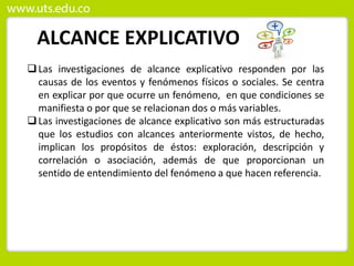 ALCANCE EXPLICATIVO
Las investigaciones de alcance explicativo responden por las
causas de los eventos y fenómenos físicos o sociales. Se centra
en explicar por que ocurre un fenómeno, en que condiciones se
manifiesta o por que se relacionan dos o más variables.
Las investigaciones de alcance explicativo son más estructuradas
que los estudios con alcances anteriormente vistos, de hecho,
implican los propósitos de éstos: exploración, descripción y
correlación o asociación, además de que proporcionan un
sentido de entendimiento del fenómeno a que hacen referencia.
 