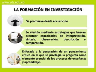 LA FORMACIÓN EN INVESTIGACIÓN
Se promueve desde el currículo
Se efectúa mediante estrategias que buscan
acentuar capacidades de interpretación,
síntesis, observación, descripción y
comparación.
Enfocada a la generación de un pensamiento
crítico en el que se privilegia la pregunta como
elemento esencial de los procesos de enseñanza
y aprendizaje.
 