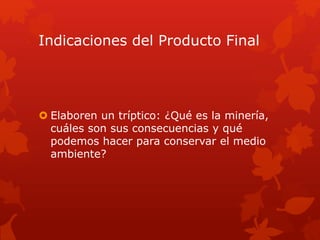 Indicaciones del Producto Final
 Elaboren un tríptico: ¿Qué es la minería,
cuáles son sus consecuencias y qué
podemos hacer para conservar el medio
ambiente?
 