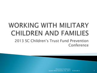 2013 SC Children’s Trust Fund Prevention
Conference
9/24/2013
Prevention Conference
System Wide Solutions, Inc. 2013 1
 