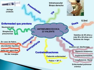 ANTINEUMOCÓCCICA
23 VALENTE
Neumonía por
Streptococo
pneumoniae
En caso de fiebre,
abundantes líquidos
Padecido enfermedad
baño con agua tibia
No dar masajes
0.5ml
Asplenia anatómica
Anemia cel. falciformes
Fiebre + 38° C
Esplenectomizados
Insuficiencia Renal
Enfermedad pulmonar
crónica
Intramuscular
Brazo derecho
•Adultos de 65 años y
más 50 a 64 años con
factores de riesgo:
Jeringa
unidosis
Presentación
Presentación
Vía
Vía
DosisDosis
Indicaciones
Indicaciones
ContraindicacionesContraindicaciones
Inform
ación
Inform
ación
alal
acom
pañante
acom
pañante
Enfermedad que previeneEnfermedad que previene
 