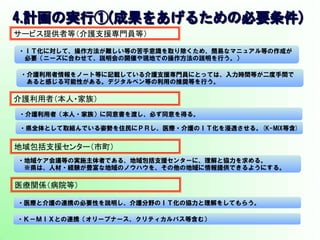 4.計画の実行①(成果をあげるための必要条件)　  
サービス提供者等（介護支援専門員等）	
・介護利用者情報をノート等に記載している介護支援専門員にとっては、入力時間等が二度手間で
　あると感じる可能性がある。デジタルペン等の利用の推奨等を行う。
・ＩＴ化に対して、操作方法が難しい等の苦手意識を取り除くため、簡易なマニュアル等の作成が
　必要（ニーズに合わせて、説明会の開催や現地での操作方法の説明を行う。）
介護利用者（本人・家族）	
・介護利用者（本人・家族）に同意書を渡し、必ず同意を得る。
・県全体として取組んでいる姿勢を住民にＰＲし、医療・介護のＩＴ化を浸透させる。(K-MIX等含)
地域包括支援センター（市町）	
・地域ケア会議等の実施主体者である、地域包括支援センターに、理解と協力を求める。
　※県は、人材・経験が豊富な地域のノウハウを、その他の地域に情報提供できるようにする。
・医療と介護の連携の必要性を説明し、介護分野のＩＴ化の協力と理解をしてもらう。
医療関係（病院等）	
・Ｋ－ＭＩＸとの連携（オリーブナース、クリティカルパス等含む）
 