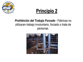 Principio 2
Prohibición del Trabajo Forzado - Fábricas no
utilizaran trabajo involuntario, forzado o trata de
personas.
 