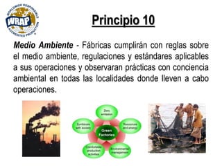 Principio 10
Medio Ambiente - Fábricas cumplirán con reglas sobre
el medio ambiente, regulaciones y estándares aplicables
a sus operaciones y observaran prácticas con conciencia
ambiental en todas las localidades donde lleven a cabo
operaciones.
 