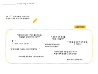 PM 2:00 결국 전시를 만족스럽게
관람하지 못한 채 집으로 돌아온다.
A양의 머릿속
“ 왜 이 전시관은 이렇게 좋은 전시를
애들 많은 방학에만 하는거야?“
“ 분명 이 애들 전시에는 관심도 없을텐데…“
“ 어린애들 출입 제한 시켰으면 좋겠다“
“ 시끄러 시끄러 시끄러“ “ 이 애들이 어떻게하면
조용해질 수 있을까?“
“ 이럴 줄 알았으면 오지 말 걸.
돈 아깝다.”
“ 야외로 단체 소풍 온 것도 아니고
확성기까지 동원한 도슨트는 뭐람“
“ 괜히 왔어. 집에나 가자.“
“ 헐…”
“ 과연 무사히 전시를
다 볼 수 있을까?“
 