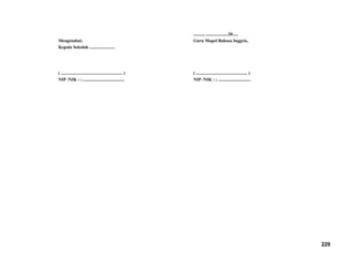 Mengetahui;
Kepala Sekolah .......................
( ....................................................... )
NIP /NIK : ; .....................................
........., ....................20.....
Guru Mapel Bahasa Inggris,
( .............................................. )
NIP /NIK : ; .............................
229
 