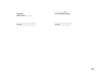 Mengetahui;
Kepala Sekolah .......................
( ....................................................... )
NIP /NIK : ; .....................................
........., ....................20.....
Guru Mapel Bahasa Inggris,
( .............................................. )
NIP /NIK : ; .............................
176
 