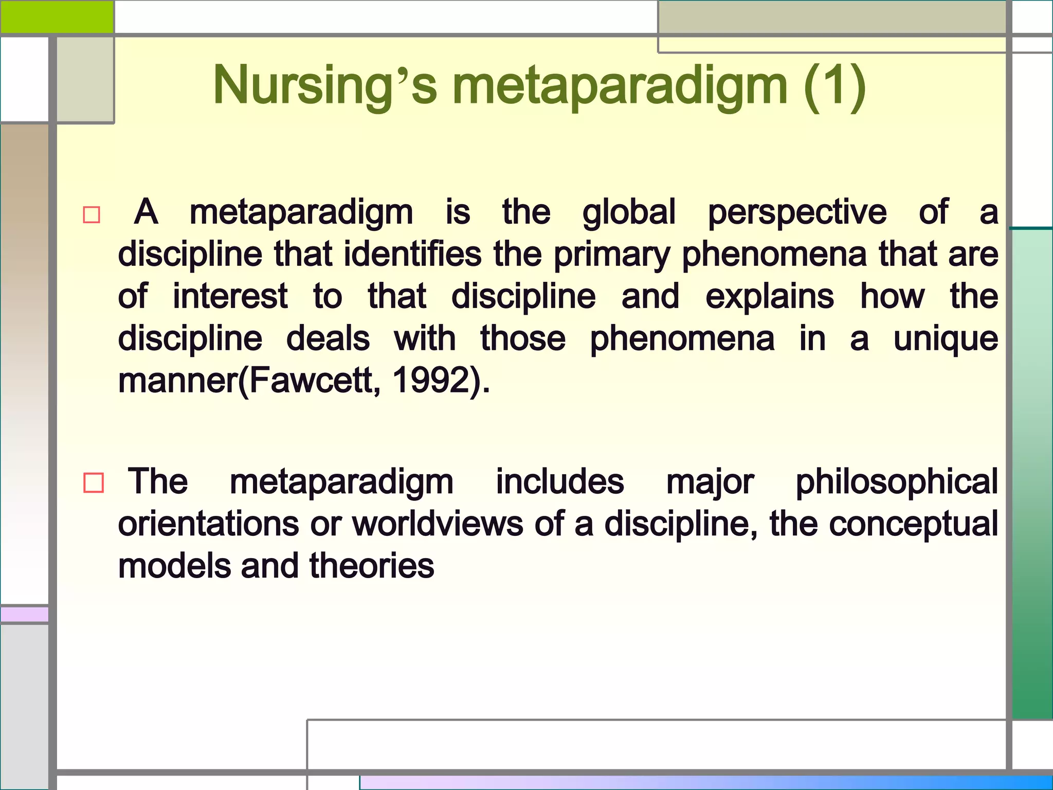 Nursing’s metaparadigm (1)




A metaparadigm is the global perspective of a
discipline that identifies the primary phenomena that are
of interest to that discipline and explains how the
discipline deals with those phenomena in a unique
manner(Fawcett, 1992).
The metaparadigm includes major philosophical
orientations or worldviews of a discipline, the conceptual
models and theories

 