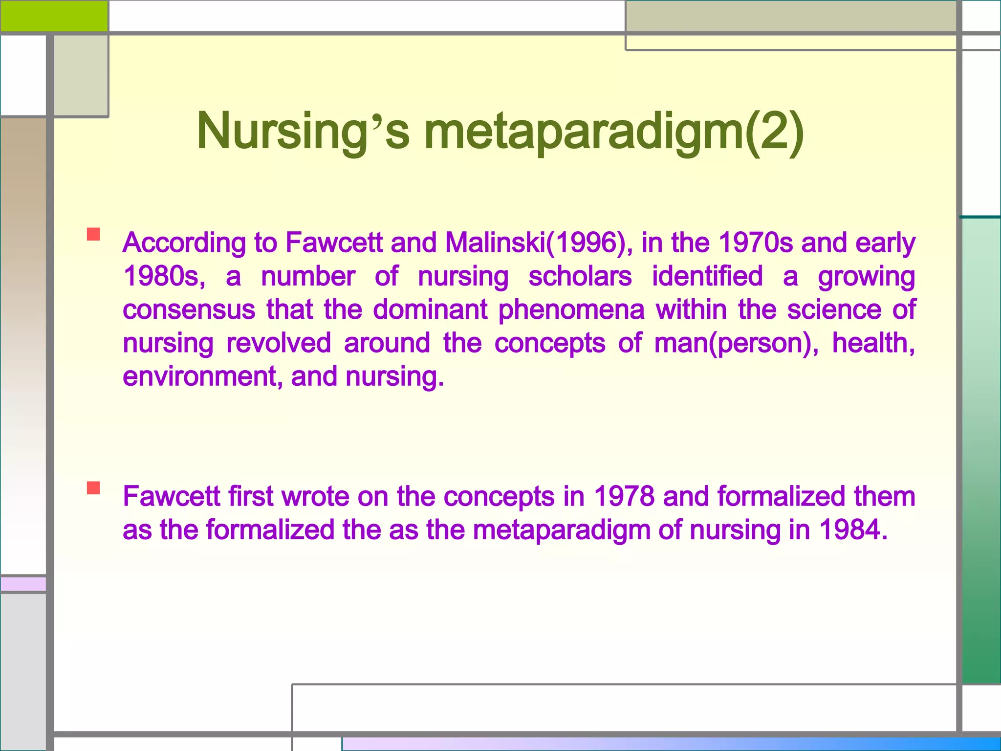 Nursing’s metaparadigm(2)


According to Fawcett and Malinski(1996), in the 1970s and early
1980s, a number of nursing scholars identified a growing
consensus that the dominant phenomena within the science of
nursing revolved around the concepts of man(person), health,
environment, and nursing.



Fawcett first wrote on the concepts in 1978 and formalized them
as the formalized the as the metaparadigm of nursing in 1984.

 