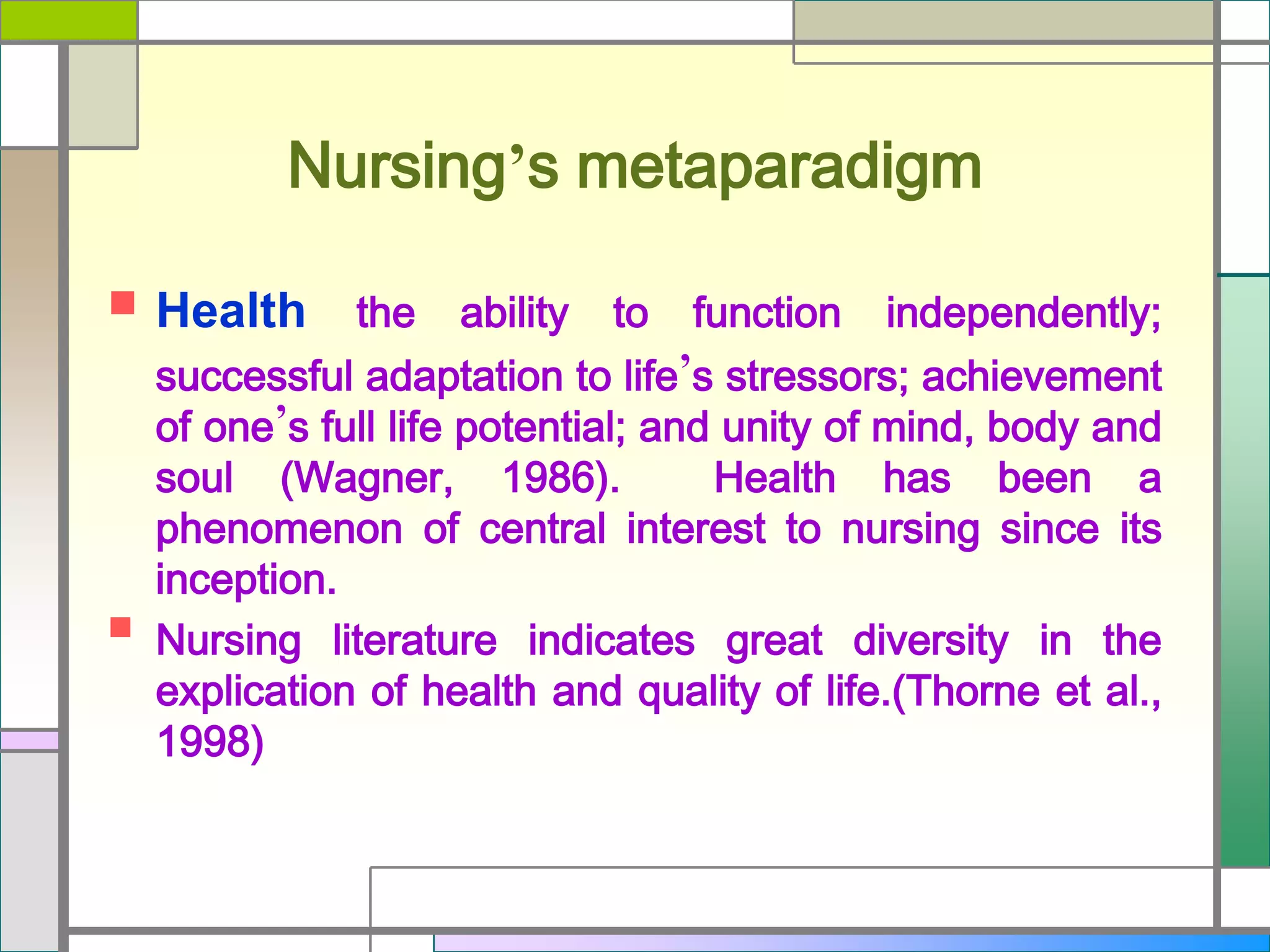 Nursing’s metaparadigm




the ability to function independently;
successful adaptation to life’s stressors; achievement
of one’s full life potential; and unity of mind, body and
soul (Wagner, 1986).
Health has been a
phenomenon of central interest to nursing since its
inception.
Nursing literature indicates great diversity in the
explication of health and quality of life.(Thorne et al.,
1998)

Health

 