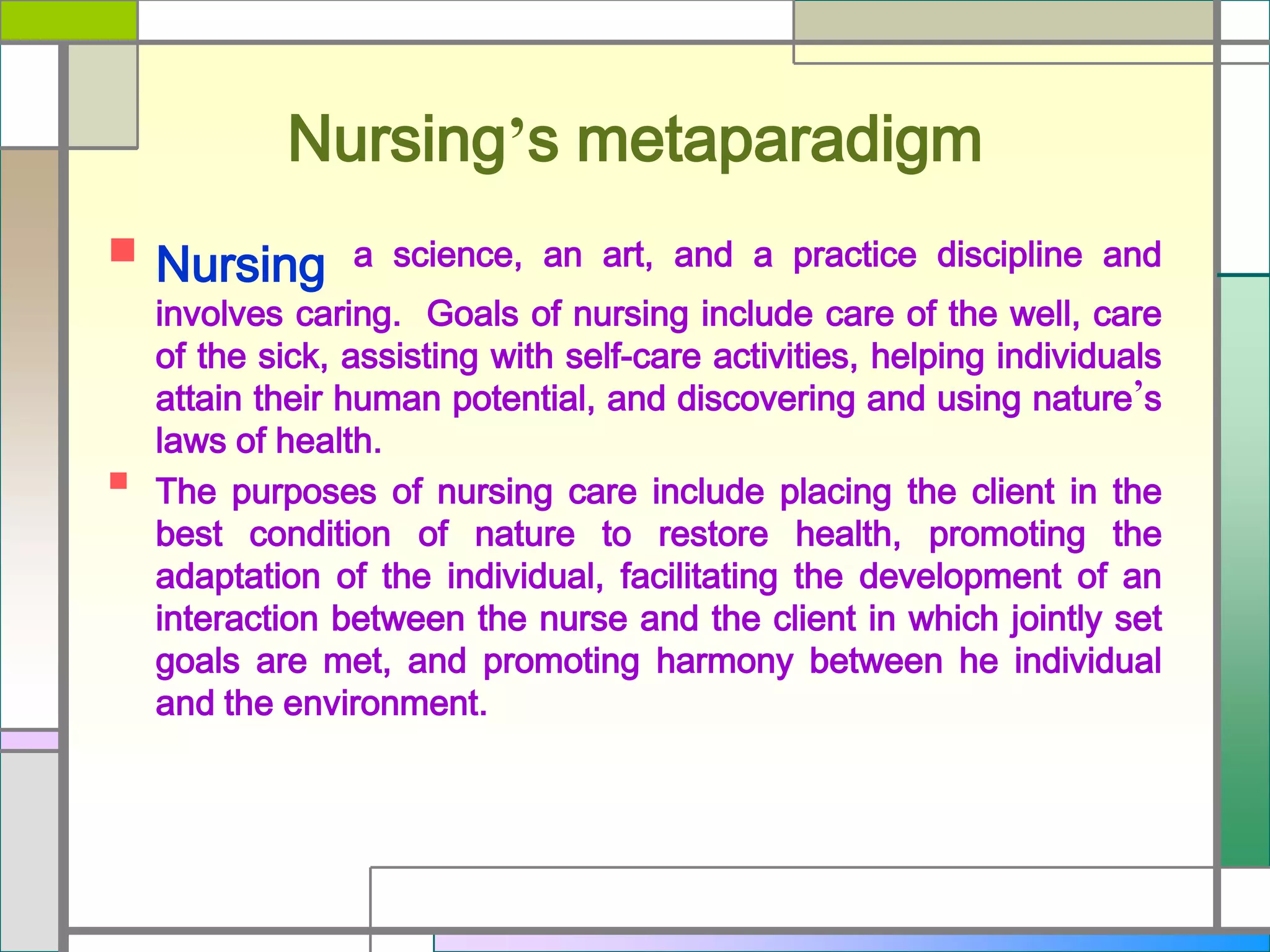 Nursing’s metaparadigm




Nursing

a science, an art, and a practice discipline and

involves caring. Goals of nursing include care of the well, care
of the sick, assisting with self-care activities, helping individuals
attain their human potential, and discovering and using nature’s
laws of health.
The purposes of nursing care include placing the client in the
best condition of nature to restore health, promoting the
adaptation of the individual, facilitating the development of an
interaction between the nurse and the client in which jointly set
goals are met, and promoting harmony between he individual
and the environment.

 