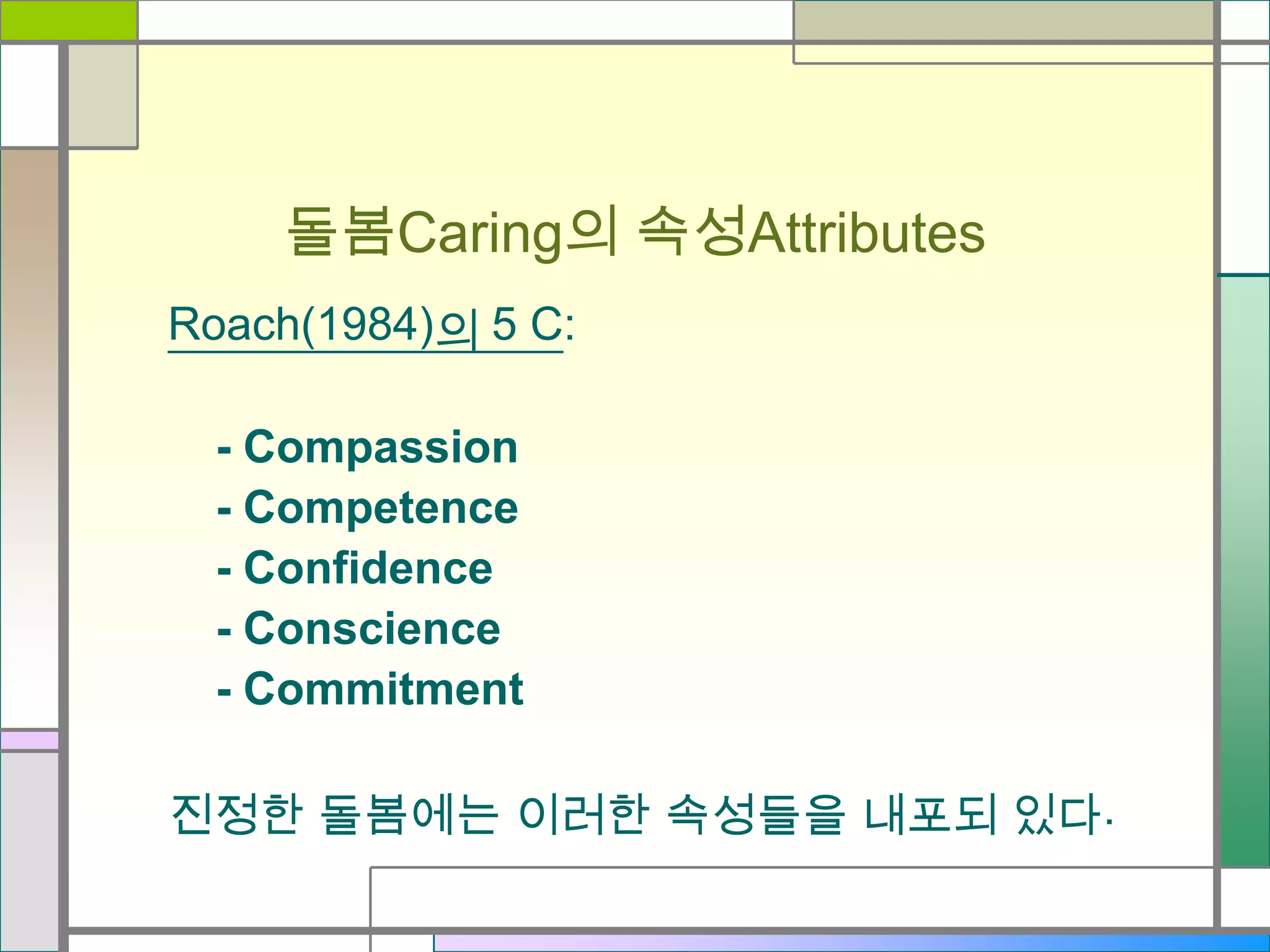 돌봄Caring의 속성Attributes
Roach(1984)의 5 C:
- Compassion
- Competence
- Confidence
- Conscience
- Commitment
진정한 돌봄에는 이러한 속성들을 내포되 있다.

 