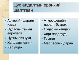 Цус алдалтын ерөнхий
шалтгаан






Артерийн даралт
ихсэх
Судасны ханын
өөрчлөлт
Цусны өвчнүүд
Халдварт өвчин
Халууцах

Атмосферийн
даралт буурах
 Судасны хавдар
 Хорт хавдрууд
 Гэмтэл
 Мэс заслын дараа


 
