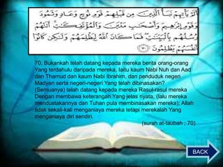 70. Bukankah telah datang kepada mereka berita orang-orang
Yang terdahulu daripada mereka, Iaitu kaum Nabi Nuh dan Aad
dan Thamud dan kaum Nabi Ibrahim, dan penduduk negeri
Madyan serta negeri-negeri Yang telah dibinasakan?
(Semuanya) telah datang kepada mereka Rasul-rasul mereka
Dengan membawa keterangan Yang jelas nyata, (lalu mereka
mendustakannya dan Tuhan pula membinasakan mereka); Allah
tidak sekali-kali menganiaya mereka tetapi merekalah Yang
menganiaya diri sendiri.
(surah at-taubah ; 70)

BACK

 