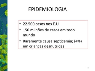 EPIDEMIOLOGIA
• 22.500 casos nos E.U
• 150 milhões de casos em todo
mundo
• Raramente causa septicemia; (4%)
em crianças desnutridas

22

 