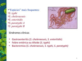 •“Espécies” mais frequentes:
•S. typhi
•S. choleraesuis
•S. enteritidis
•S..paratyphi A
•S paratyphi B
Síndromes clínicas
• Gastroenteritis (S. choleraesuis, S. enteritidis)
• Febre entérica ou tifoide (S. typhi)
• Bacteremias (S. choleraesuis, S. typhi, S. paratyphi)

8

 
