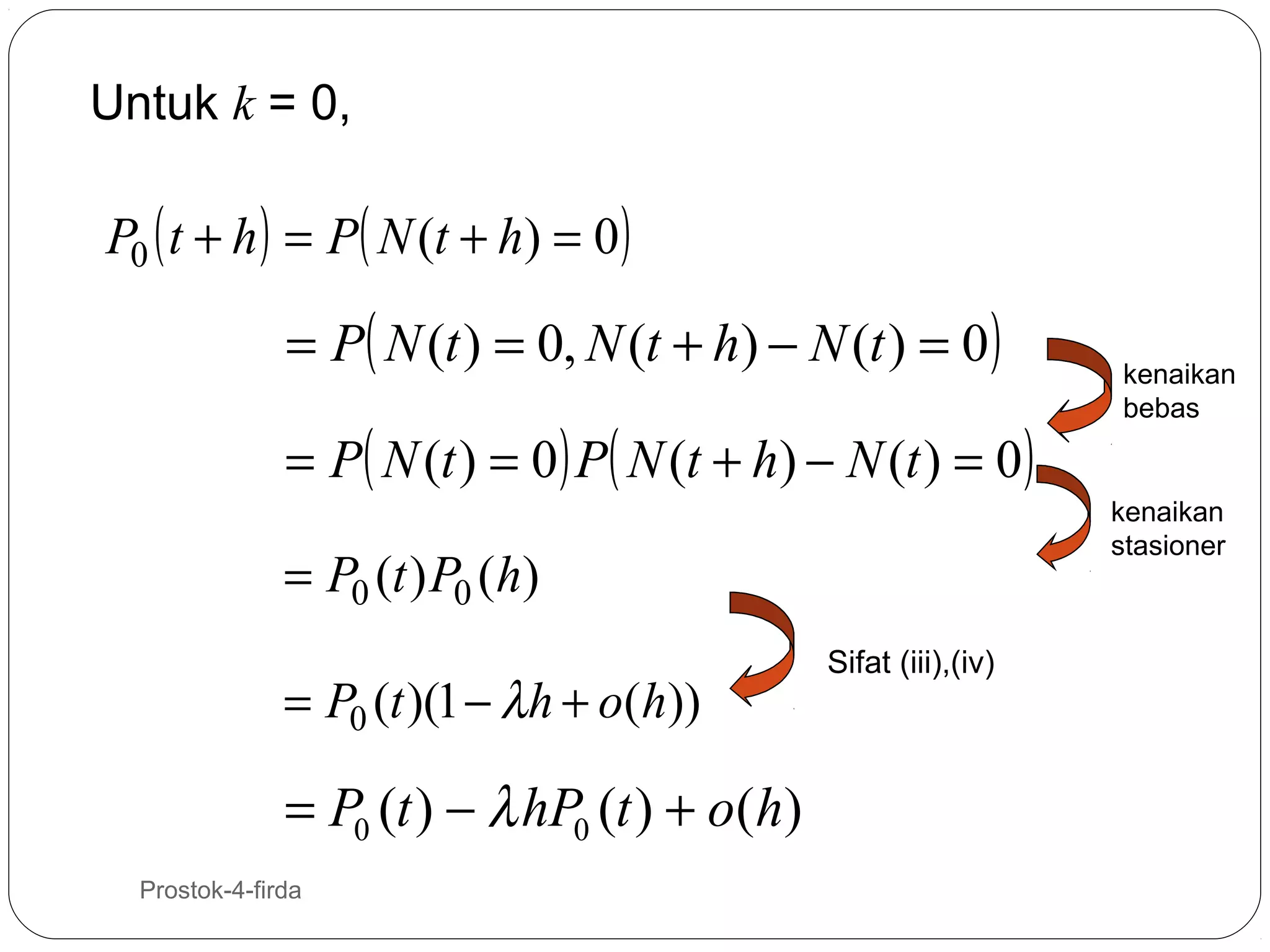 Untuk k = 0,

P0 ( t + h ) = P( N (t + h) = 0)

= P( N (t ) = 0, N (t + h) − N (t ) = 0 )
= P( N (t ) = 0 ) P( N (t + h) − N (t ) = 0 )
= P0 (t ) P0 (h)
= P0 (t )(1 − λh + o(h))

= P0 (t ) − λ hP0 (t ) + o(h)
12

Prostok-4-firda

Sifat (iii),(iv)

kenaikan
bebas

kenaikan
stasioner

 