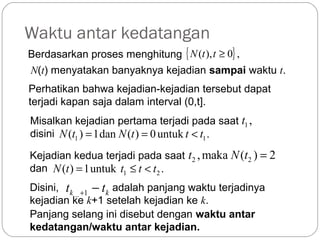 Waktu antar kedatangan
Berdasarkan proses menghitung { N (t ), t ≥ 0} ,
N(t) menyatakan banyaknya kejadian sampai waktu t.
Perhatikan bahwa kejadian-kejadian tersebut dapat
terjadi kapan saja dalam interval (0,t].
Misalkan kejadian pertama terjadi pada saat t1 ,
disini N (t1 ) = 1dan N (t ) = 0 untuk t < t1 .
Kejadian kedua terjadi pada saat t2 , maka N (t2 ) = 2
dan N (t ) = 1untuk t1 ≤ t < t2 .

23

Disini, tk _ +1 − tk adalah panjang waktu terjadinya
kejadian ke k+1 setelah kejadian ke k.
Panjang selang ini disebut dengan waktu antar
kedatangan/waktu antar kejadian.

 
