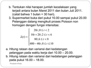 b. Tentukan nilai harapan jumlah kecelakaan yang
terjadi antara bulan Maret 2011 dan bulan Juli 2011.
(catat bahwa 1 bulan = 30 hari).
3. Supermarket buka dari pukul 10.00 sampai pukul 20.00
Pelanggan datang mengikuti proses Poisson non
homogen dengan fungsi intensitas:
 20t ; 0 ≤ t < 2
 10t + 20 ; 2 ≤ t < 6

λ (t ) = 
80 ; 6 ≤ t < 8

400 − 40t ; 8 ≤ t ≤ 10


a. Hitung rataan dan variansi dari kedatangan
pelanggan pada waktu kerja dari 10.00 – 20.00.
b. Hitung rataan dan variansi dari kedatangan pelanggan
pada pukul 16.00 – 18.00.
40

Prostok-4-firda

 
