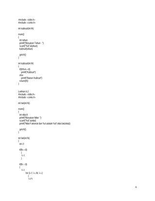 #include <stdio.h>
#include <conio.h>
int kabisat(int th);
main()
{
int tahun;
printf("Masukan Tahun : ");
scanf("%d",&tahun);
kabisat(tahun);
getch();
}
int kabisat(int th)
{
if(th%4==0)
printf("Kabisat");
else
printf("Bukan Kabisat");
return(th);
}
Latihan 6.2
#include <stdio.h>
#include <conio.h>
int fak(int fk);
main()
{
int nilai,ft;
printf("Masukan Nilai: ");
scanf("%d",&nilai)
printf("Nilai Faktorial dari %d adalah %d",nilai,fak(nilai));
getch();
}
int fak(int fk)
{
int i,f;
if(fk==0)
{
f=1;
}
if(fk > 0)
{
f=1;
for (i=1; i<=fk; i++)
{
f=f*i;

6

 
