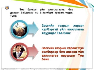 Төв банкыг үйл ажиллагааны бие
даасан байдлаар нь 2 хэлбэрт хувааж үздэг.
Үүнд:

Засгийн газрын хараат
хэлбэртэй үйл ажиллагаа
явуулдаг Төв банк

Засгийн газрын хараат бус
хэлбэрээр бие даасан үйл
ажиллагаа явуулдаг Төв
банк
[Image Info] www.wizdata.co.kr

- Note to customers : This image has been licensed to be used within this PowerPoint template only. You may not extract the image for any other use.

 