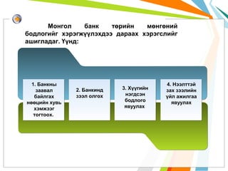 Монгол
банк
төрийн
мөнгөний
бодлогийг хэрэгжүүлэхдээ дараах хэрэгслийг
ашигладаг. Үүнд:

1. Банкны
заавал
байлгах
нөөцийн хувь
хэмжээг
тогтоох.

2. Банкинд
зээл олгох

3. Хүүгийн
нэгдсэн
бодлого
явуулах

4. Нээлттэй
зах зээлийн
үйл ажилгаа
явуулах

 