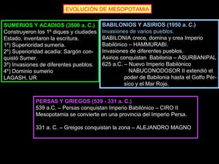EVOLUCIÓN DE MESOPOTAMIA
SUMERIOS Y ACADIOS (3500 a. C.)
Construyeron los 1º diques y ciudades
Estado, inventaron la escritura.
1º) Superioridad sumeria.
2º) Superioridad acadia: Sargón conquistó Sumer.
3º) Invasiones de diferentes pueblos.
4º) Dominio sumerio
LAGASH, UR

BABILONIOS Y ASIRIOS (1950 a. C.)
Invasiones de varios pueblos.
BABILONIA crece, domina y crea Imperio
Babilónico – HAMMURABI.
Invasiones de diferentes pueblos.
Asirios conquistan Babilonia – ASURBANIPAL
625 a.C. – Nuevo Imperio Babilónico
NABUCONODOSOR II extendió el
poder de Babilonia hasta el Golfo Pérsico y el Mar Rojo.

PERSAS Y GRIEGOS (539 - 331 a. C.)
539 a.C. – Persas conquistan Imperio Babilónico – CIRO II
Mesopotamia se convierte en una provincia del Imperio Persa.
331 a. C. – Greigos conquistan la zona – ALEJANDRO MAGNO

 