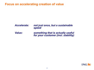 Focus on accelerating creation of value

Accelerate:

not just once, but a sustainable
speed

Value:

something that is actually useful
for your customer (incl. stability)

26

 