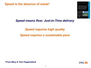 Speed is the absence of waste*

Speed means flow: Just-in-Time delivery
Speed requires high quality
Speed requires a sustainable pace

*From Mary & Tom Poppendieck
28

 