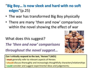 “Big Boy… is now sleek and hard with no soft
edges”(p.25)
• The war has transformed Big Boy physically
• There are many ‘then and now’ comparisons
within the novel showing the effect of war
What does this suggest?
The ‘then and now’ comparisons
throughout the novel suggest…
Can I critically respond to the text, ‘Heroes’? (AO1)
I must generally refer to relevant aspects of Heroes
I should discuss thoroughly and increasingly thoughtfully characters/relationships
I could consider and suggest experimental ideas and judgements;

 