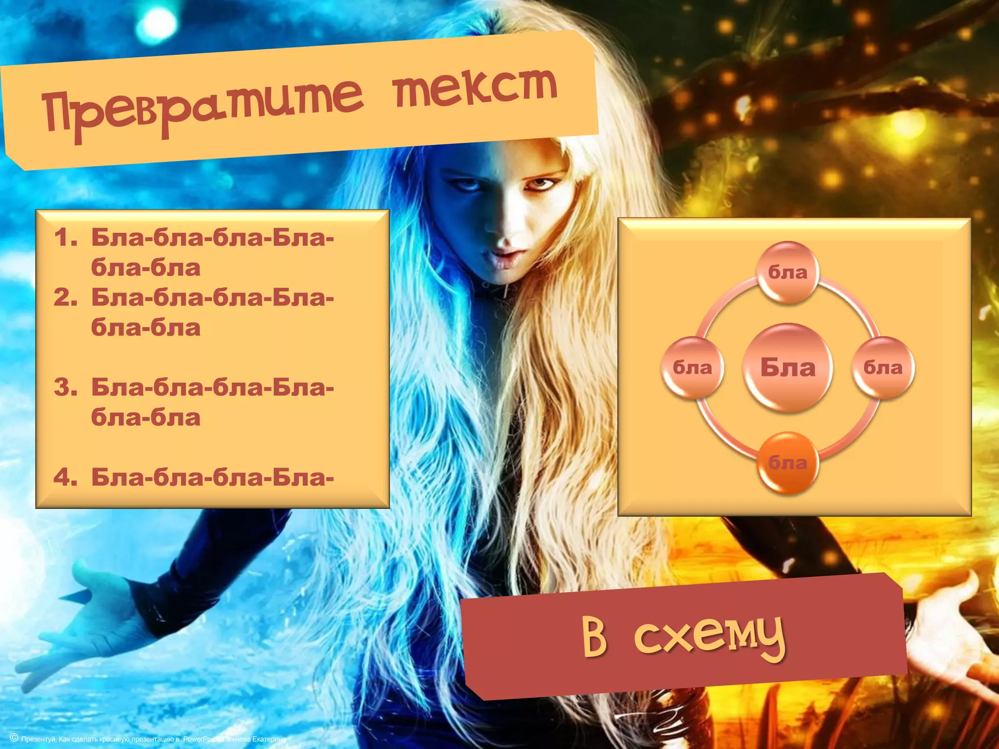 1. Бла-бла-бла-Бла-
бла-бла
2. Бла-бла-бла-Бла-
бла-бла
3. Бла-бла-бла-Бла-
бла-бла
4. Бла-бла-бла-Бла-
Бла
бла
бла
бла
бла
© Презентуй. Как сделать красивую презентацию в PowerPoint. Лежнева Екатерина
 