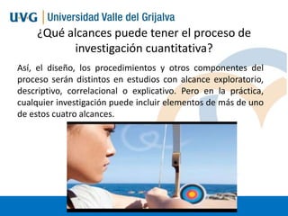 ¿Qué alcances puede tener el proceso de
investigación cuantitativa?
Así, el diseño, los procedimientos y otros componentes del
proceso serán distintos en estudios con alcance exploratorio,
descriptivo, correlacional o explicativo. Pero en la práctica,
cualquier investigación puede incluir elementos de más de uno
de estos cuatro alcances.

 