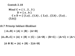 Contoh 2.18

Misal C = { 1 , 2 , 3 }
D={a,b}
C x D = { (1,a) , (1,b) , ( 2,a) , (2,b) , (3,a) ,
(3,b)}

10.7 Prinsip Inklusi-Eksklusi

| A∪B| = |A| + |B| - |A ∩B|

|A∪B∪C| = |A| + |B| + |C| – |A ∩B| – |B∩C| – |A∩C| + |A∩B
|A ⊕ B| = |A| + |B| - 2|A ∩B|

 