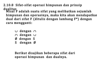 2.10.8 Sifat-sifat operasi himpunan dan prinsip
dualitas
Misal F adalah suatu sifat yang melibatkan sejumlah
himpunan dan operasinya, maka kita akan mendapatkan
dual dari sifat F (ditulis dengan lambang F*) dengan
cara mengganti:
∪
∩
Ø
S

dengan
dengan
dengan
dengan

∩
∪
S
Ø

Berikut disajikan beberapa sifat dari
operasi himpunan dan dualnya.

 