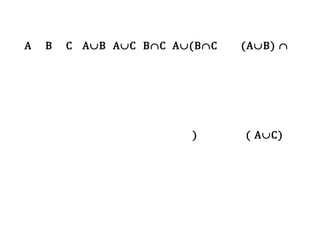 A

B

C A∪B A∪C B∩C A∪(B∩C

)

(A∪B) ∩

( A∪C)

 