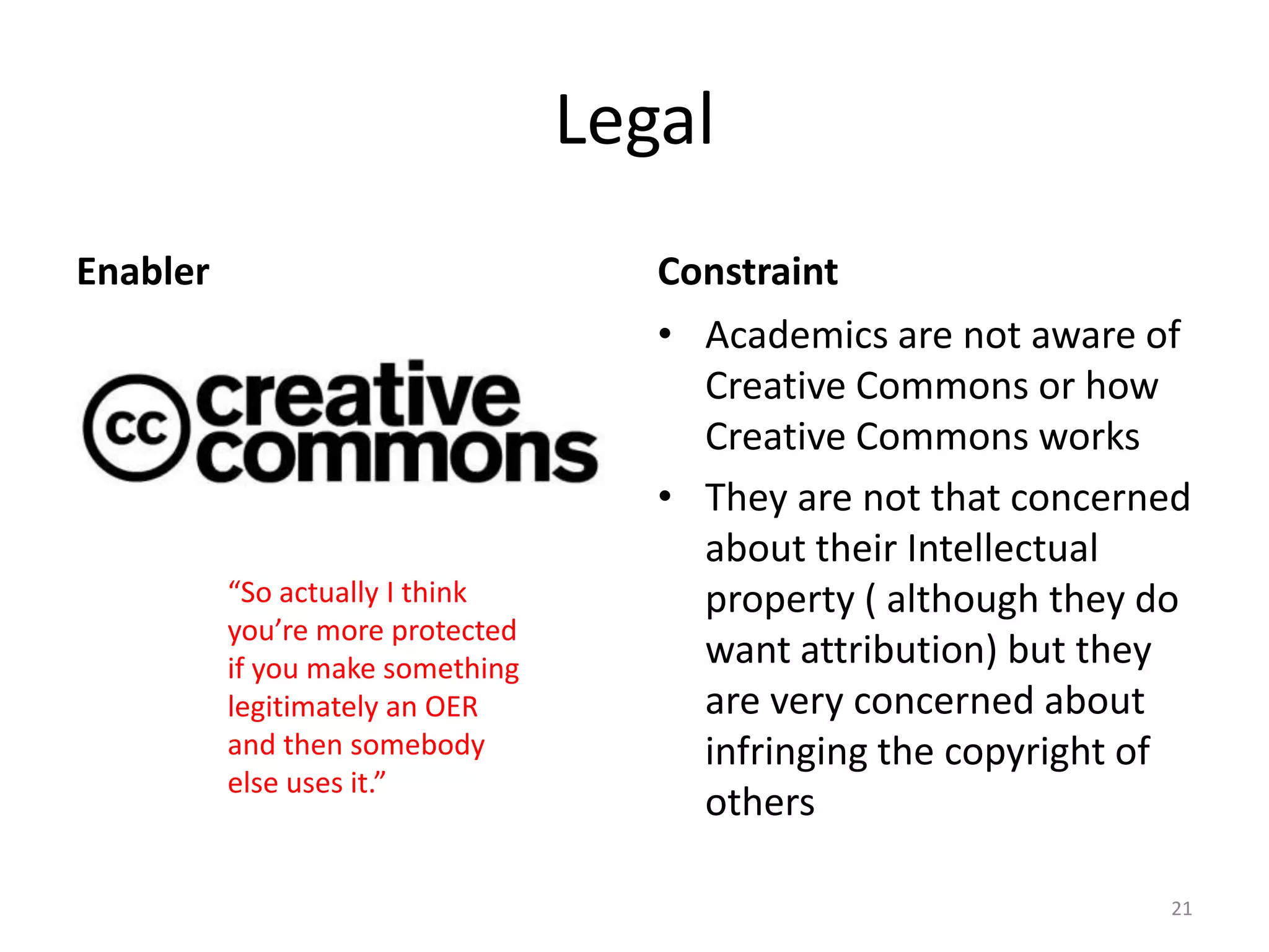 Legal
Enabler

“So actually I think
you’re more protected
if you make something
legitimately an OER
and then somebody
else uses it.”

Constraint
• Academics are not aware of
Creative Commons or how
Creative Commons works
• They are not that concerned
about their Intellectual
property ( although they do
want attribution) but they
are very concerned about
infringing the copyright of
others
21

 