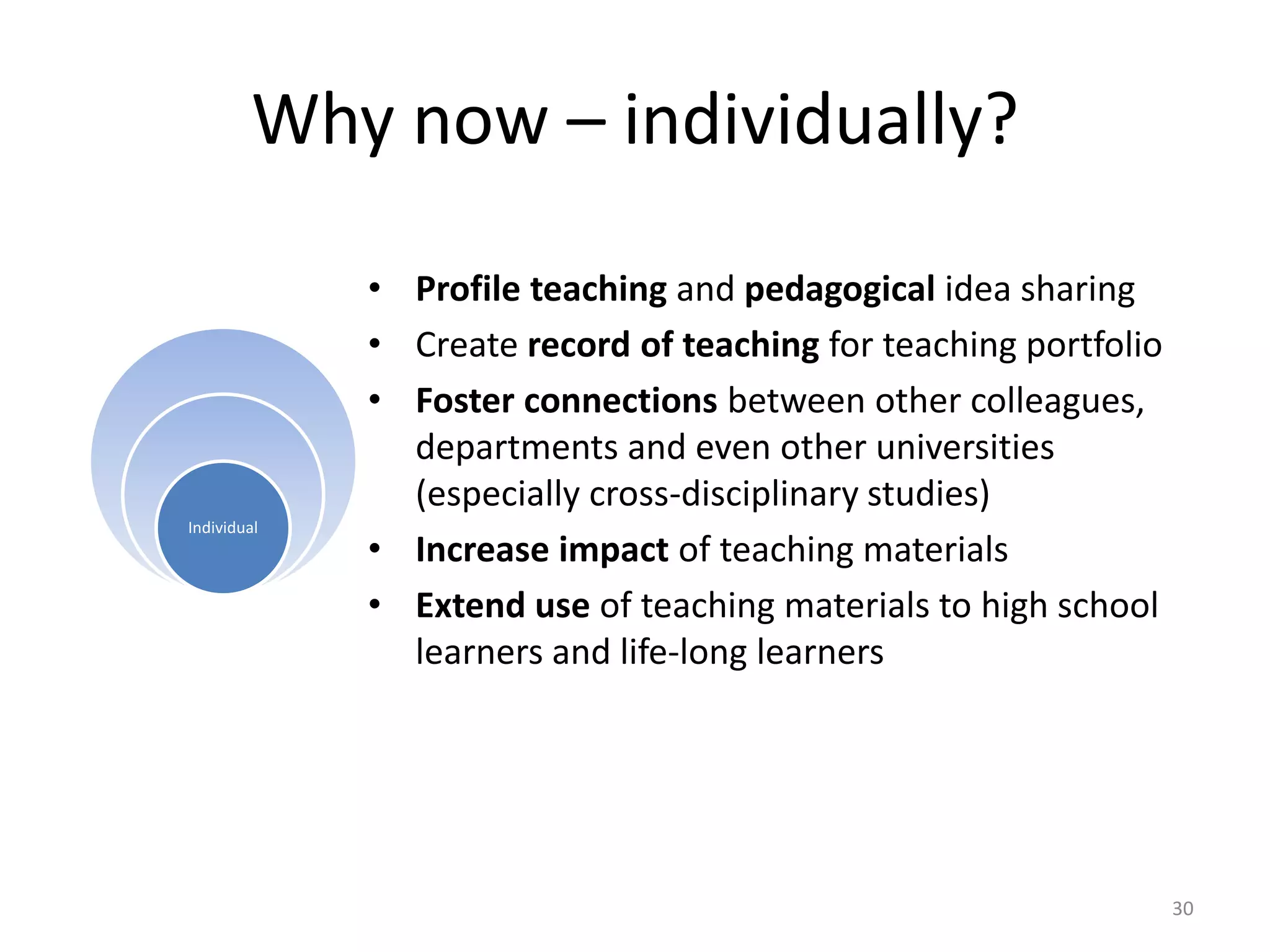 Why now – individually?

Individual

• Profile teaching and pedagogical idea sharing
• Create record of teaching for teaching portfolio
• Foster connections between other colleagues,
departments and even other universities
(especially cross-disciplinary studies)
• Increase impact of teaching materials
• Extend use of teaching materials to high school
learners and life-long learners

30

 
