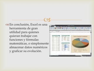 

 En conclusión, Excel es una
herramienta de gran
utilidad para quienes
quieran trabajar con
funciones y fórmulas
matemáticas, o simplemente
almacenar datos numéricos
y graficar su evolución.

 