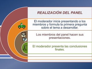 REALIZACIÓN DEL PANEL
El moderador inicia presentando a los
miembros y formula la primera pregunta
sobre el tema a desarrollar.
Los miembros del panel hacen sus
presentaciones.



El moderador presenta las conclusiones
finales.

 
