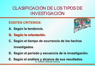 CLASIFICACIÓN DE LOS TIPOS DE
INVESTIGACIÓN
EXISTEN CRITERIOS:
A. Según la tendencia.
B. Según la orientación.
orientación
C. Según el tiempo de ocurrencia de los hechos
investigados.
D. Según el período y secuencia de la investigación.
E. Según el análisis y alcance de sus resultados.
Dr. EDGAR CONDOR CAPCHA

 